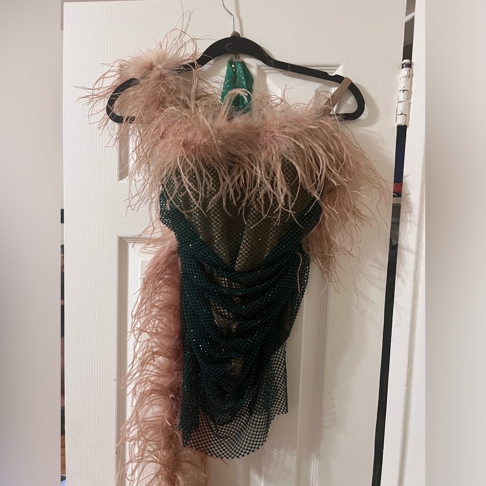 Custom made Performance Costume | Emerald Green with Nude Boa